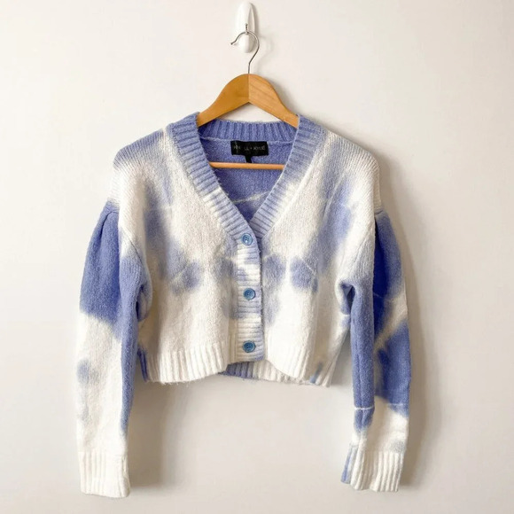 Kendall + Kylie Tie Dye Soft Knit Cropped Cardigan Sweater White Blue Size Small - Picture 3 of 7